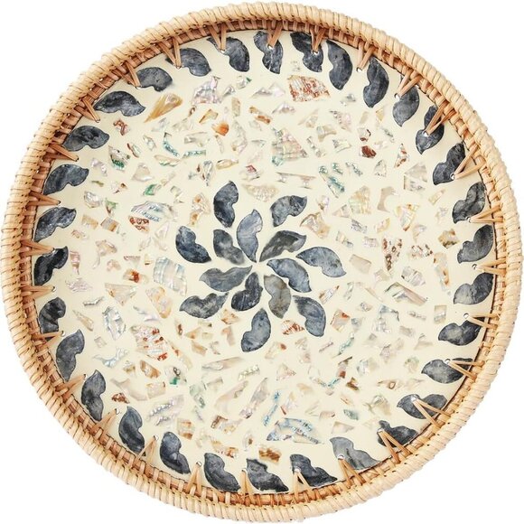 Rattan Serving Tray with Mother of Pearl, Round Coffee Table Tray Decor, Round W - Picture 1 of 8